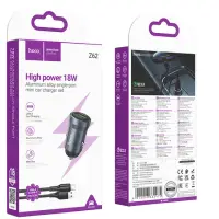 Автомобильное заряд. устр. Hoco Z62 с шнуром USB-A/Type-C 1USB 18W