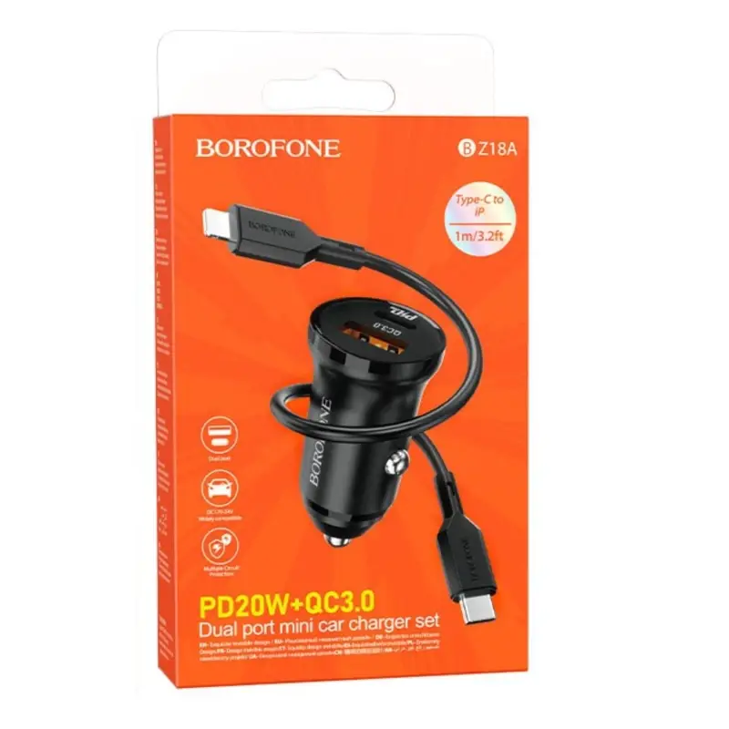 Автомобильное зарядное устройство АЗУ USB + Type-С + кабель Lightning Borofone BZ18A PD20W + QC3.0 Автомобильное зарядное устройство АЗУ USB + Type-С + кабель Lightning Borofone BZ18A PD20W + QC3.0