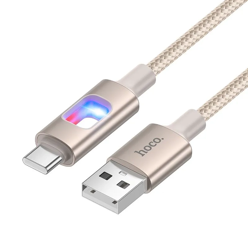 Кабель USB - Type-C hoco U144 / 1.2м / 3A / в тканевой оплетке / с индикатором зарядки / золотой