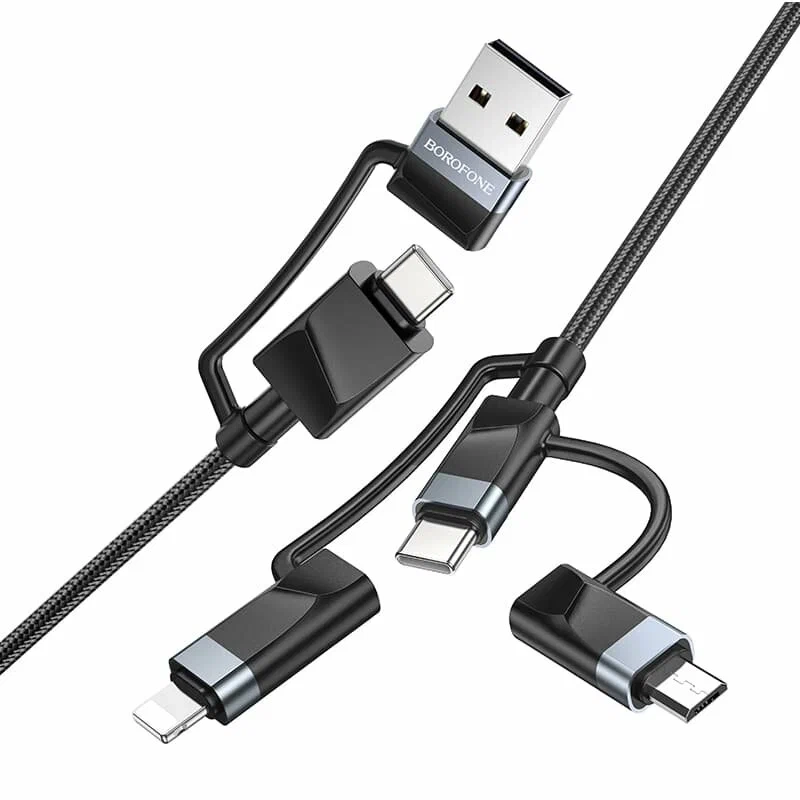Кабель для зарядки 6 в 1 USB / Type-C to Lightning 27W / Type-C to Type-C 60W/ Type-C to Micro 2A 1.2м в нейлоновой оплетке черный Кабель для зарядки 6 в 1 USB / Type-C to Lightning 27W / Type-C to Type-C 60W/ Type-C to Micro 2A 1.2м в нейлоновой оплетке черный