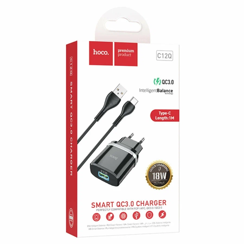 Сетевое зарядное устройство c USB HOCO C12Q Type-c, QC3.0