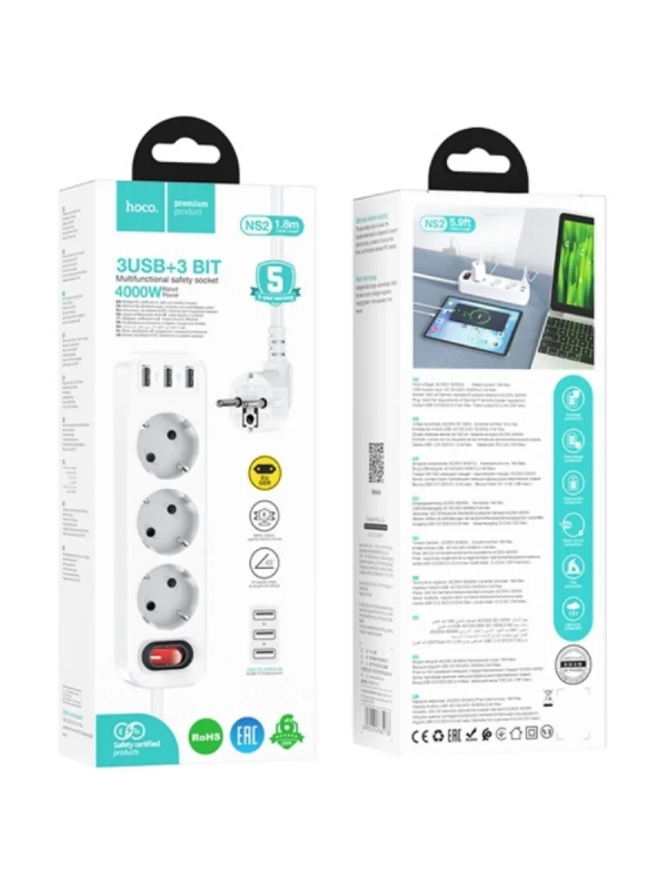 Сетевой фильтр Hoco NS2 White 3 гнезда плюс 3USB Сетевой фильтр Hoco NS2 White 3 гнезда плюс 3USB