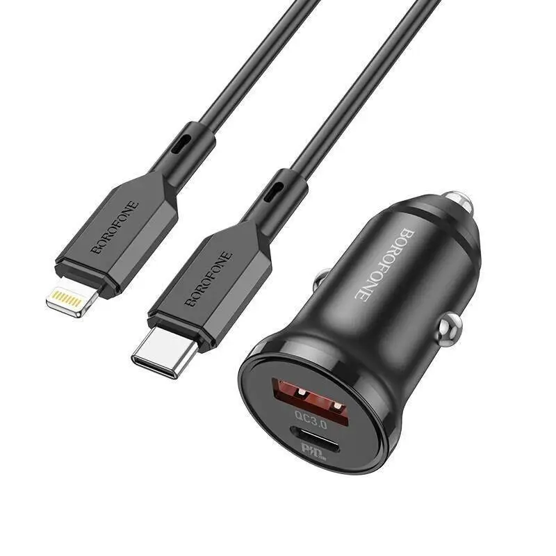 Автомобильное зарядное устройство АЗУ USB + Type-С + кабель Lightning Borofone BZ18A PD20W + QC3.0 Автомобильное зарядное устройство АЗУ USB + Type-С + кабель Lightning Borofone BZ18A PD20W + QC3.0