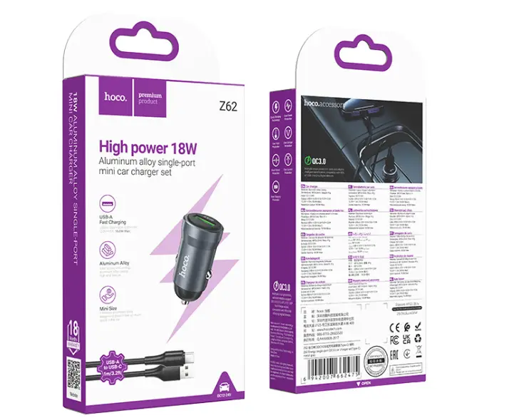 Автомобильное заряд. устр. Hoco Z62 с шнуром USB-A/Type-C 1USB 18W