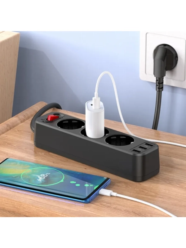 Сетевой фильтр Hoco NS2 Black 3 гнезда плюс 3USB Сетевой фильтр Hoco NS2 Black 3 гнезда плюс 3USB