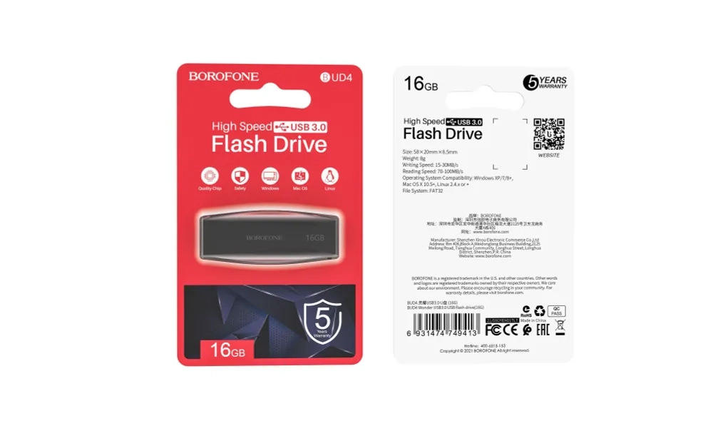 USB 3.0 Флеш-накопитель Borofone BUD4 16 ГБ черный USB 3.0 Флеш-накопитель Borofone BUD4 16 ГБ черный