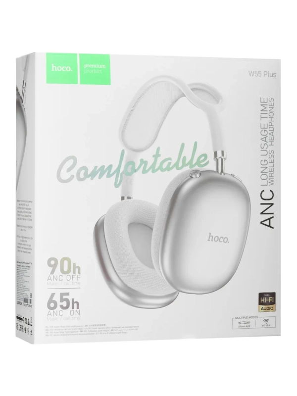 Беспроводные наушники Bluetooth Hoco W55 Plus (накладные, активное шумоподавление) Серебро