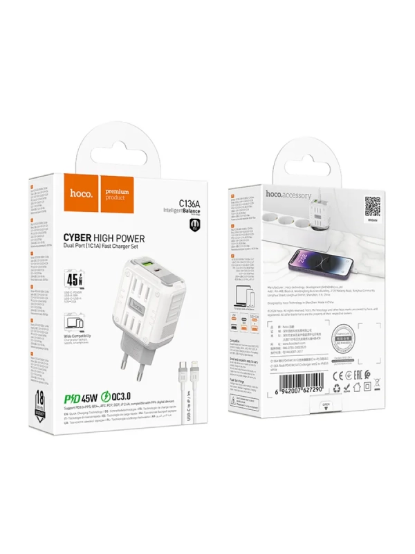 Сетевое зарядное устройство, 1 USB 3.0 QC+1 PD 45W (C136A) Сетевое зарядное устройство, 1 USB 3.0 QC+1 PD 45W (C136A)