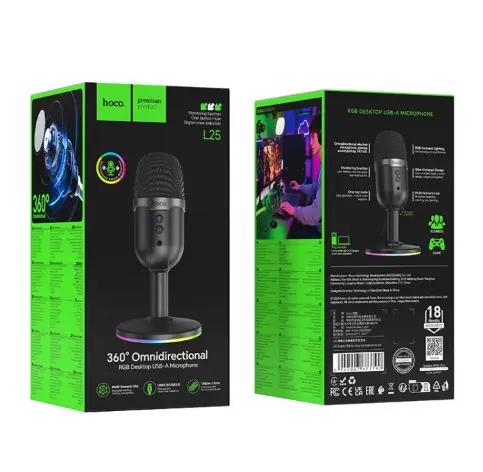 Настольный микрофон Hoco L25 Bright с USB-A портом и RGB-подсветкой черный