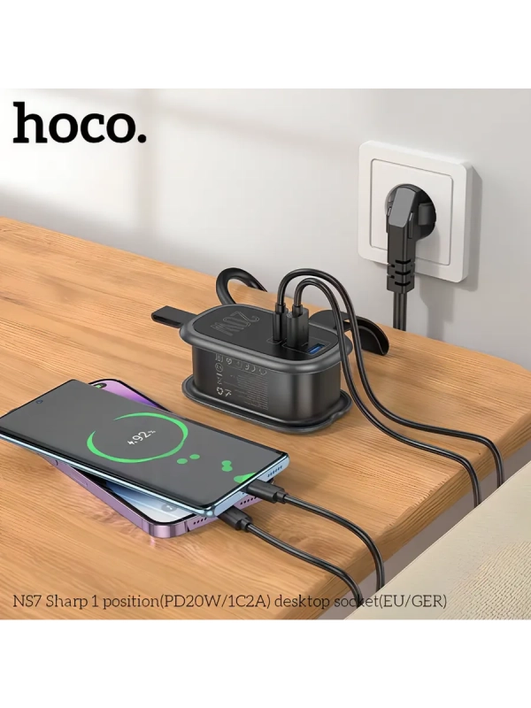 Сетевой фильтр HOCO NS7, 1.1м, 3,0А, 1 розетка, 2 USB, Type-C, PD20W