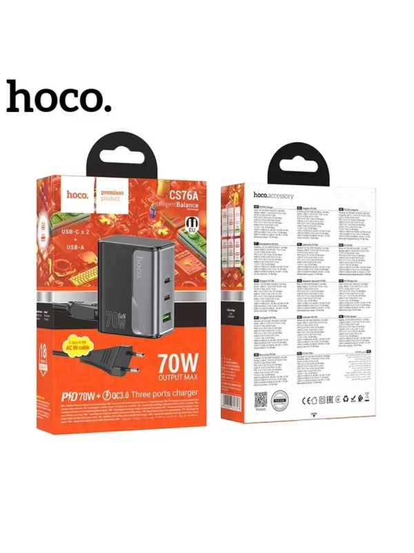Сетевое зарядное устройство USB/Type-C Hoco CS76A (70W, QC3.0, PD, 3 порта, с сетевым кабелем)