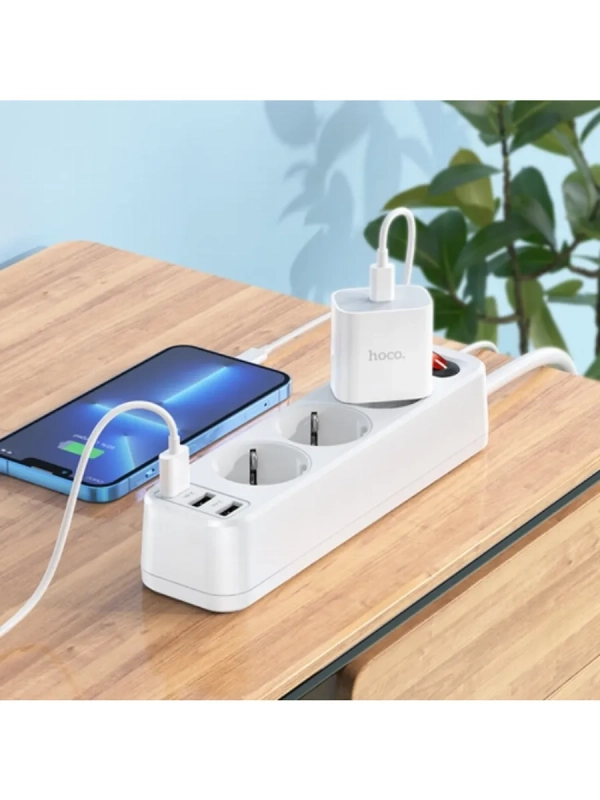 Сетевой фильтр Hoco NS2 White 3 гнезда плюс 3USB Сетевой фильтр Hoco NS2 White 3 гнезда плюс 3USB