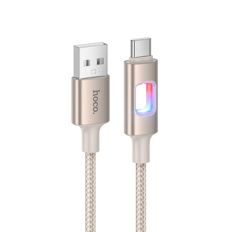 Кабель USB - Type-C hoco U144 / 1.2м / 3A / в тканевой оплетке / с индикатором зарядки / золотой