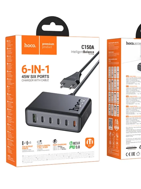 Зарядное устройство HOCO, C150A PD45W, для 6 устройств, 4 порта Type-C, 1 порт USB, кабель