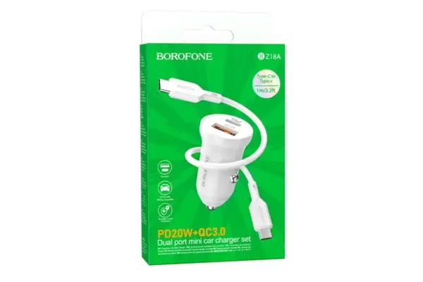 Зарядное устройство автомобильное USB + кабель Type-C - Type-C (PD20W+QC3.0, 3000mA) BOROFONE BZ18A Зарядное устройство автомобильное USB + кабель Type-C - Type-C (PD20W+QC3.0, 3000mA) BOROFONE BZ18A