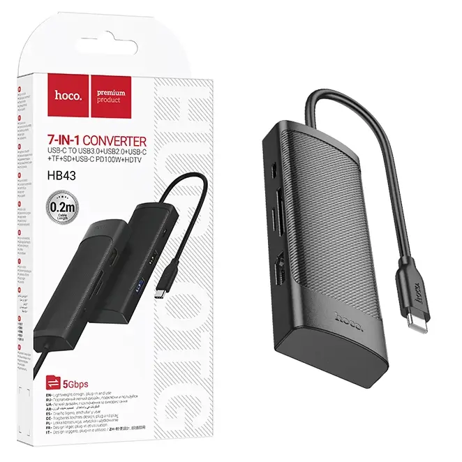 Адаптер-разветвитель, Хаб НОСО НВ43 7 в 1 USB-C с USB2.0 + USB3.0 + TYPE-C + HDMI / Поддержка SD/TF / Многопорт Переходник HUB USB type-c для ПК, ноутбука, Macbook