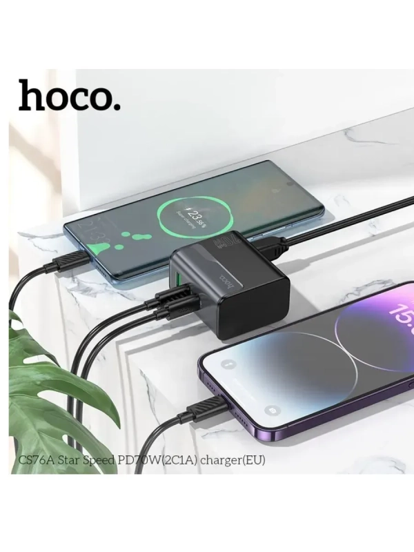 Сетевое зарядное устройство USB/Type-C Hoco CS76A (70W, QC3.0, PD, 3 порта, с сетевым кабелем)