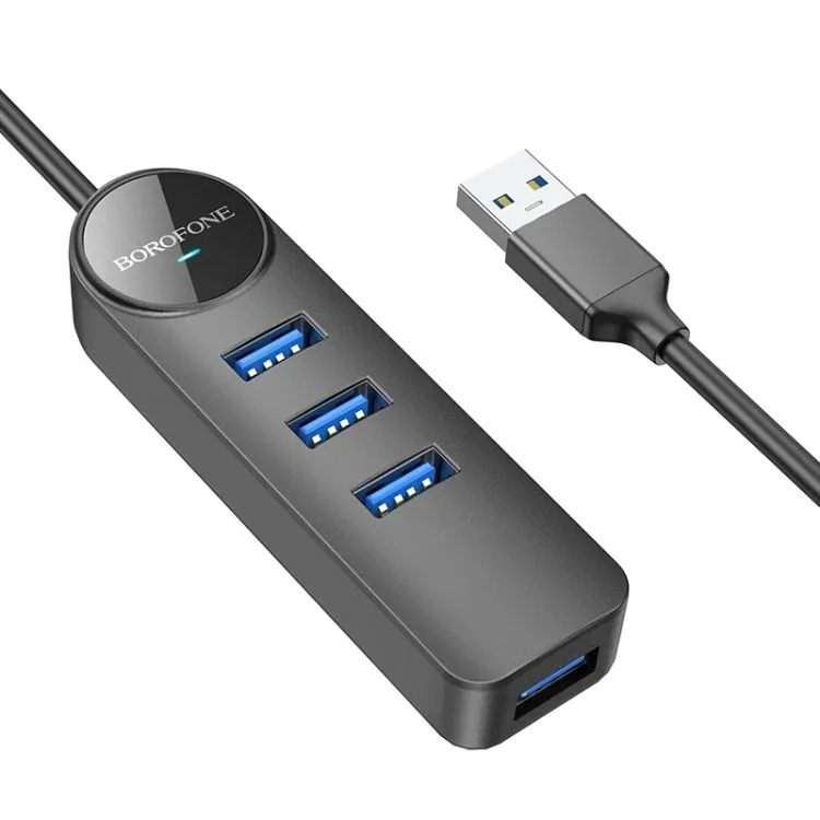 USB-концентратор Borofone DH5, Erudite 4-in-1, 4 гнезда, 4xUSB 2.0, кабель USB 1.2м, чёрный
