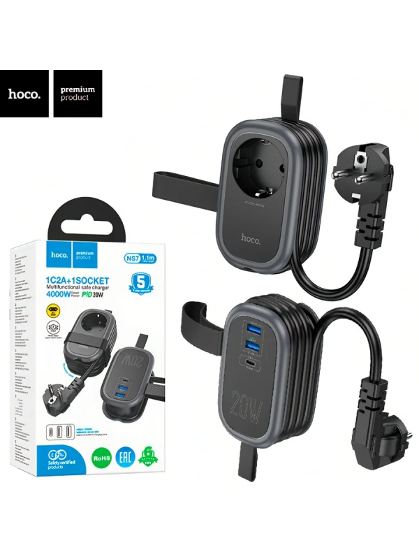 Сетевой фильтр HOCO NS7, 1.1м, 3,0А, 1 розетка, 2 USB, Type-C, PD20W
