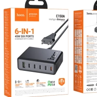 Зарядное устройство HOCO, C150A PD45W, для 6 устройств, 4 порта Type-C, 1 порт USB, кабель